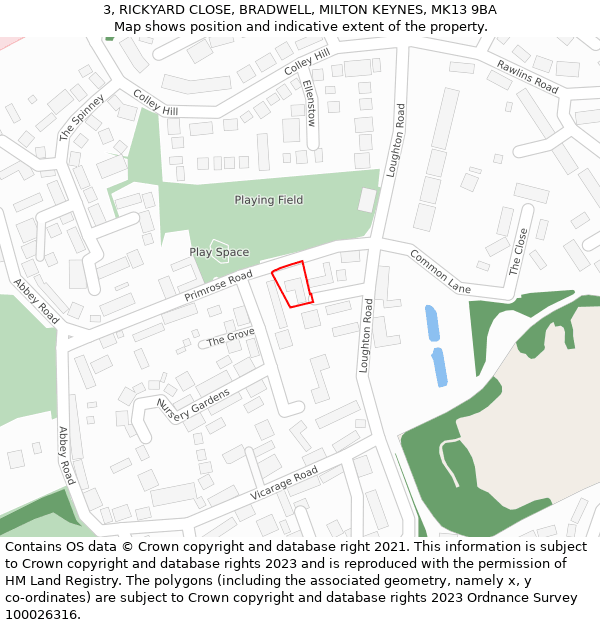 3, RICKYARD CLOSE, BRADWELL, MILTON KEYNES, MK13 9BA: Location map and indicative extent of plot