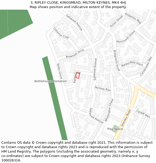 3, RIPLEY CLOSE, KINGSMEAD, MILTON KEYNES, MK4 4HJ: Location map and indicative extent of plot