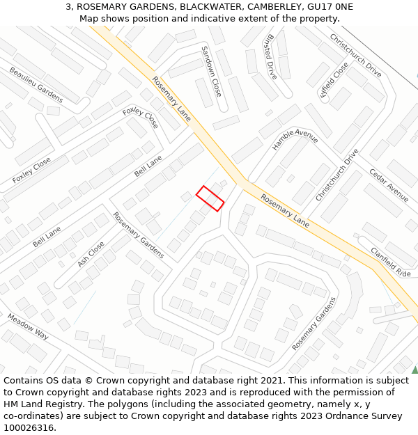 3, ROSEMARY GARDENS, BLACKWATER, CAMBERLEY, GU17 0NE: Location map and indicative extent of plot