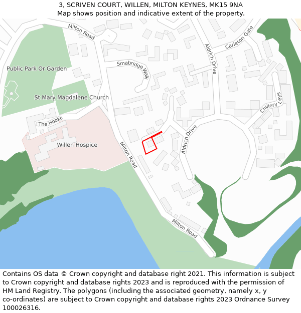 3, SCRIVEN COURT, WILLEN, MILTON KEYNES, MK15 9NA: Location map and indicative extent of plot