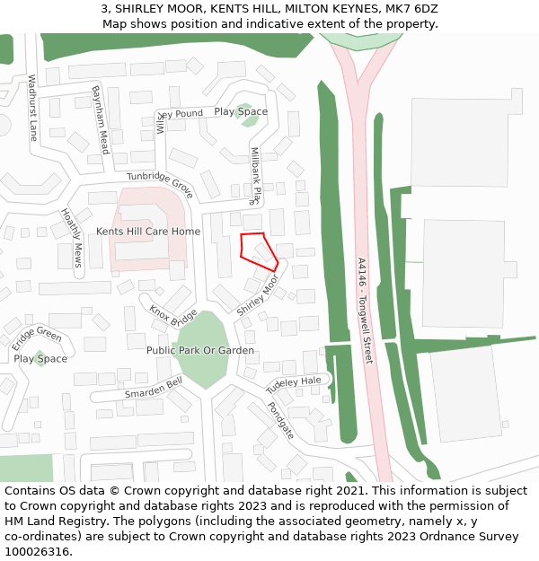 3, SHIRLEY MOOR, KENTS HILL, MILTON KEYNES, MK7 6DZ: Location map and indicative extent of plot