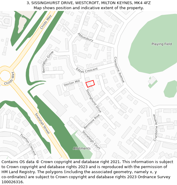 3, SISSINGHURST DRIVE, WESTCROFT, MILTON KEYNES, MK4 4FZ: Location map and indicative extent of plot