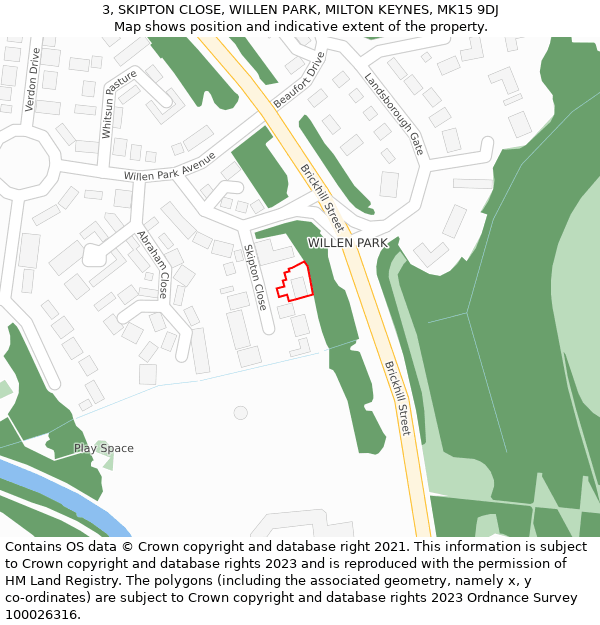 3, SKIPTON CLOSE, WILLEN PARK, MILTON KEYNES, MK15 9DJ: Location map and indicative extent of plot