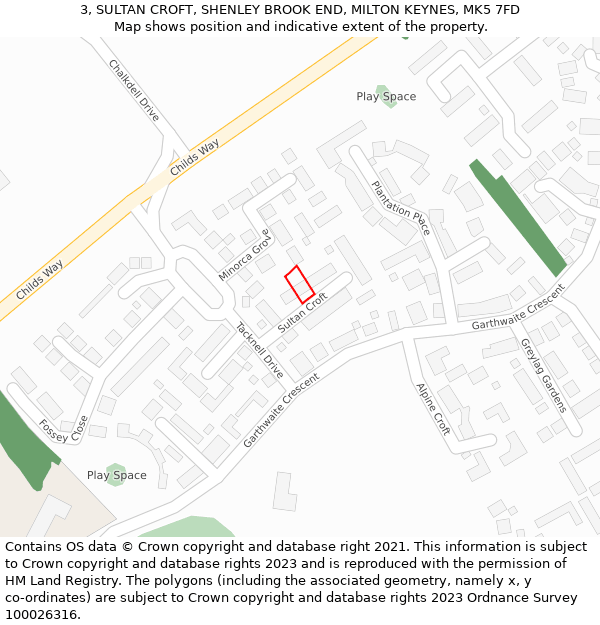 3, SULTAN CROFT, SHENLEY BROOK END, MILTON KEYNES, MK5 7FD: Location map and indicative extent of plot