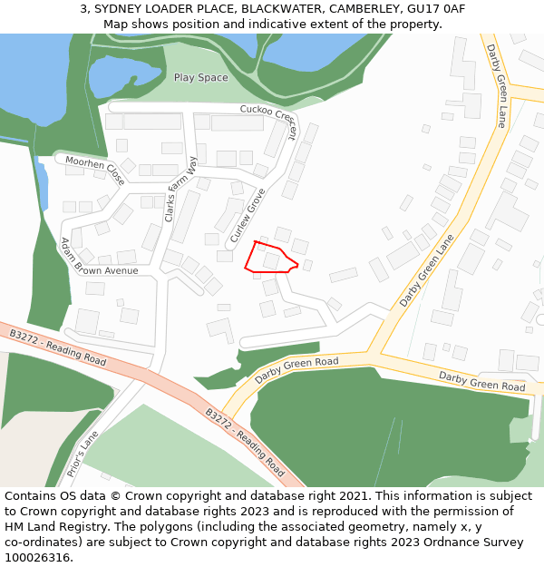3, SYDNEY LOADER PLACE, BLACKWATER, CAMBERLEY, GU17 0AF: Location map and indicative extent of plot