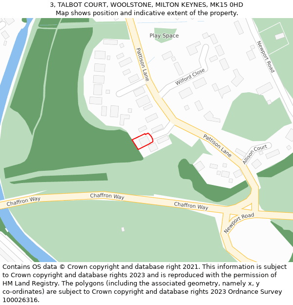 3, TALBOT COURT, WOOLSTONE, MILTON KEYNES, MK15 0HD: Location map and indicative extent of plot