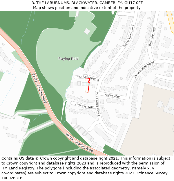 3, THE LABURNUMS, BLACKWATER, CAMBERLEY, GU17 0EF: Location map and indicative extent of plot