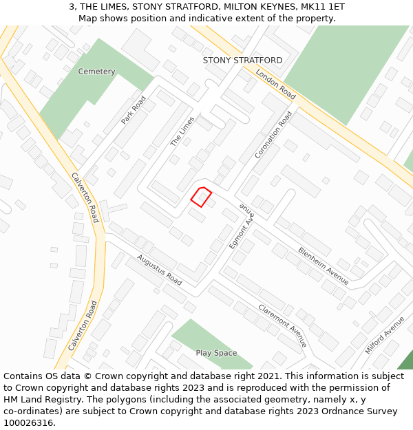 3, THE LIMES, STONY STRATFORD, MILTON KEYNES, MK11 1ET: Location map and indicative extent of plot