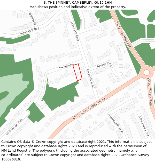 3, THE SPINNEY, CAMBERLEY, GU15 1HH: Location map and indicative extent of plot