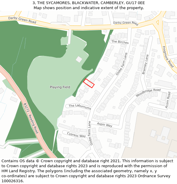 3, THE SYCAMORES, BLACKWATER, CAMBERLEY, GU17 0EE: Location map and indicative extent of plot