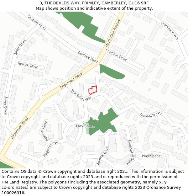 3, THEOBALDS WAY, FRIMLEY, CAMBERLEY, GU16 9RF: Location map and indicative extent of plot