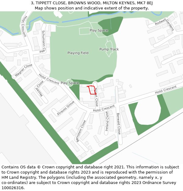 3, TIPPETT CLOSE, BROWNS WOOD, MILTON KEYNES, MK7 8EJ: Location map and indicative extent of plot