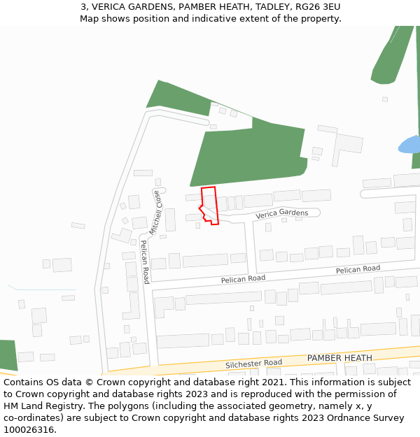 3, VERICA GARDENS, PAMBER HEATH, TADLEY, RG26 3EU: Location map and indicative extent of plot