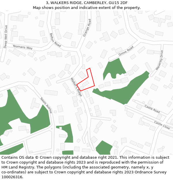 3, WALKERS RIDGE, CAMBERLEY, GU15 2DF: Location map and indicative extent of plot