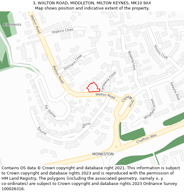 3, WALTON ROAD, MIDDLETON, MILTON KEYNES, MK10 9AX: Location map and indicative extent of plot