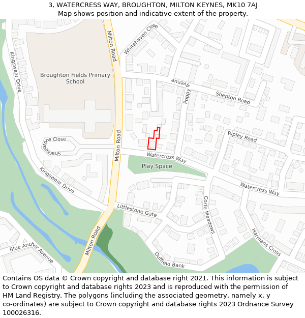 3, WATERCRESS WAY, BROUGHTON, MILTON KEYNES, MK10 7AJ: Location map and indicative extent of plot