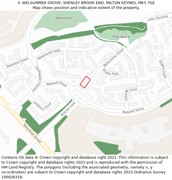 3, WELSUMMER GROVE, SHENLEY BROOK END, MILTON KEYNES, MK5 7GE: Location map and indicative extent of plot