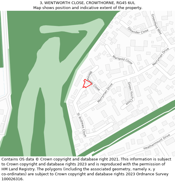 3, WENTWORTH CLOSE, CROWTHORNE, RG45 6UL: Location map and indicative extent of plot