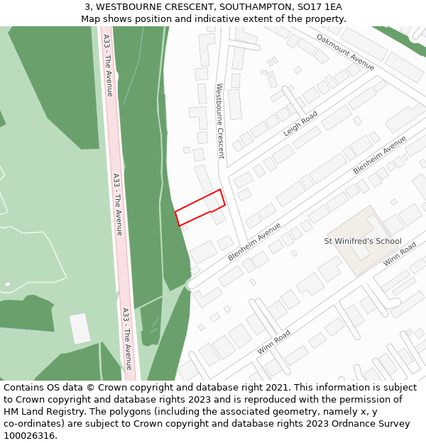 3, WESTBOURNE CRESCENT, SOUTHAMPTON, SO17 1EA: Location map and indicative extent of plot