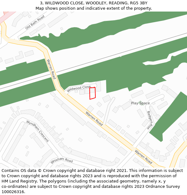 3, WILDWOOD CLOSE, WOODLEY, READING, RG5 3BY: Location map and indicative extent of plot