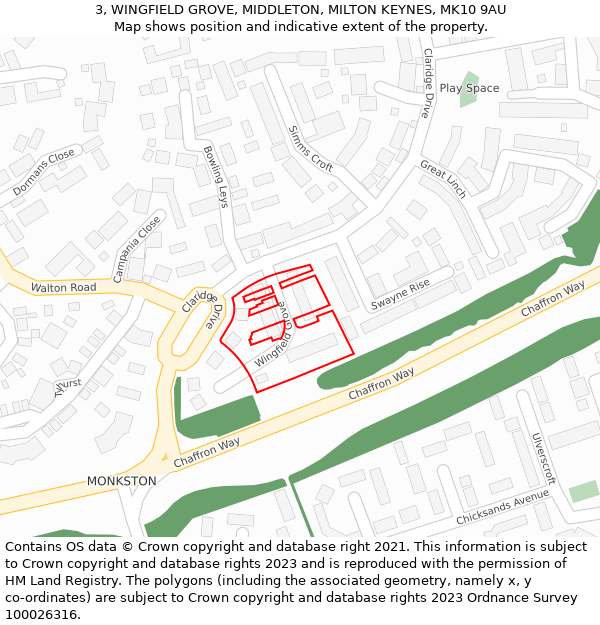 3, WINGFIELD GROVE, MIDDLETON, MILTON KEYNES, MK10 9AU: Location map and indicative extent of plot