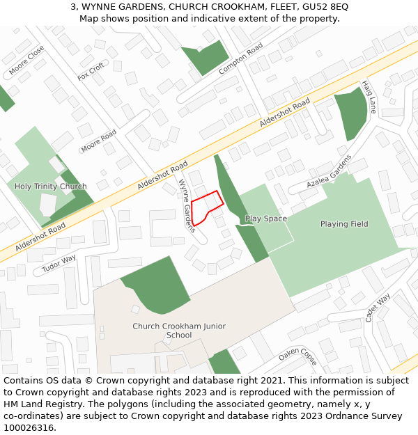 3, WYNNE GARDENS, CHURCH CROOKHAM, FLEET, GU52 8EQ: Location map and indicative extent of plot