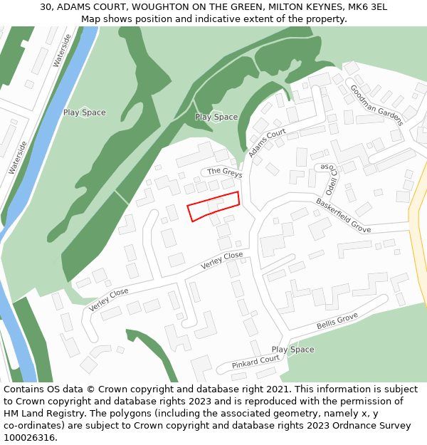 30, ADAMS COURT, WOUGHTON ON THE GREEN, MILTON KEYNES, MK6 3EL: Location map and indicative extent of plot