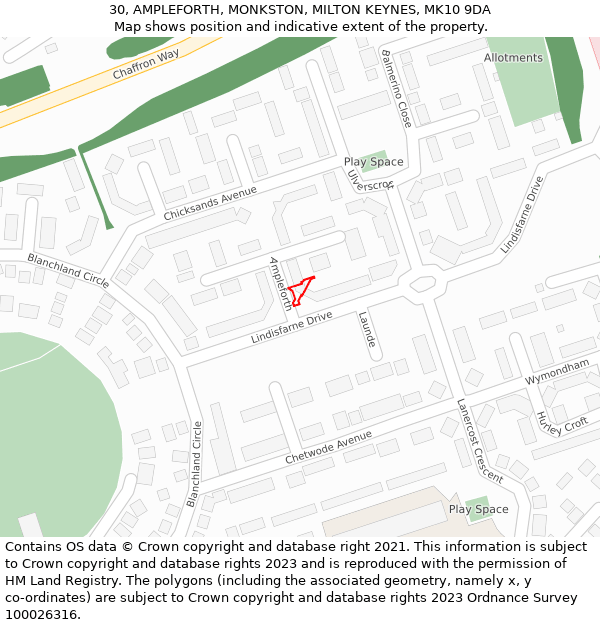 30, AMPLEFORTH, MONKSTON, MILTON KEYNES, MK10 9DA: Location map and indicative extent of plot