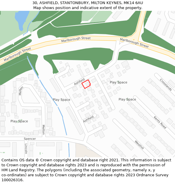 30, ASHFIELD, STANTONBURY, MILTON KEYNES, MK14 6AU: Location map and indicative extent of plot