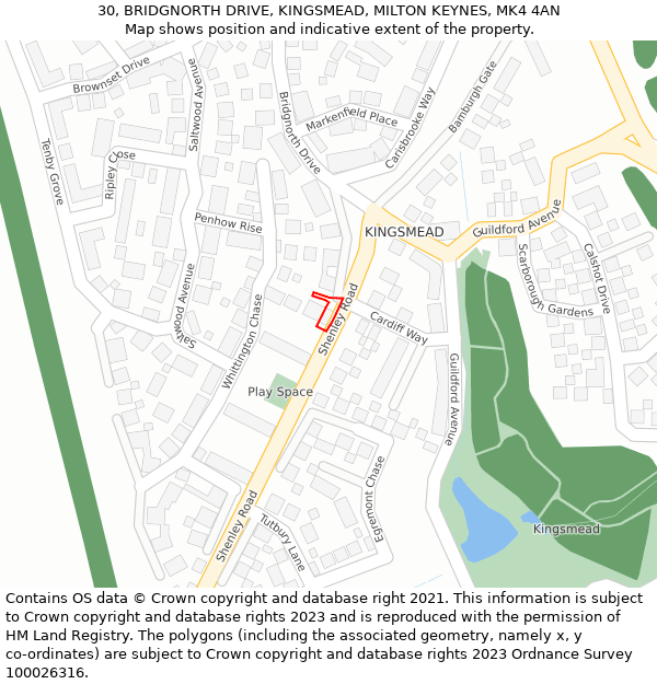 30, BRIDGNORTH DRIVE, KINGSMEAD, MILTON KEYNES, MK4 4AN: Location map and indicative extent of plot