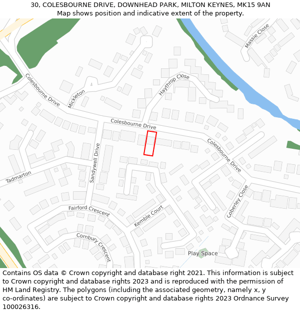 30, COLESBOURNE DRIVE, DOWNHEAD PARK, MILTON KEYNES, MK15 9AN: Location map and indicative extent of plot