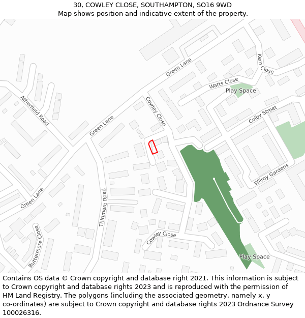 30, COWLEY CLOSE, SOUTHAMPTON, SO16 9WD: Location map and indicative extent of plot