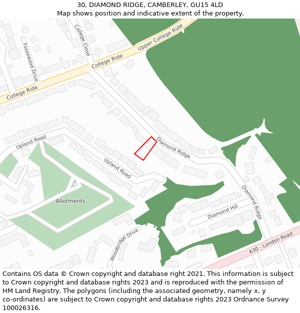 30, DIAMOND RIDGE, CAMBERLEY, GU15 4LD: Location map and indicative extent of plot