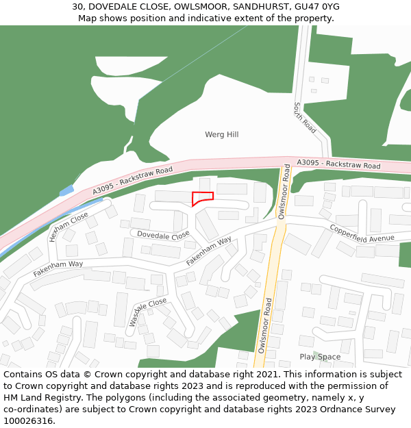 30, DOVEDALE CLOSE, OWLSMOOR, SANDHURST, GU47 0YG: Location map and indicative extent of plot