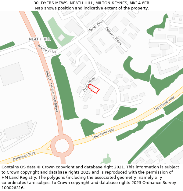 30, DYERS MEWS, NEATH HILL, MILTON KEYNES, MK14 6ER: Location map and indicative extent of plot