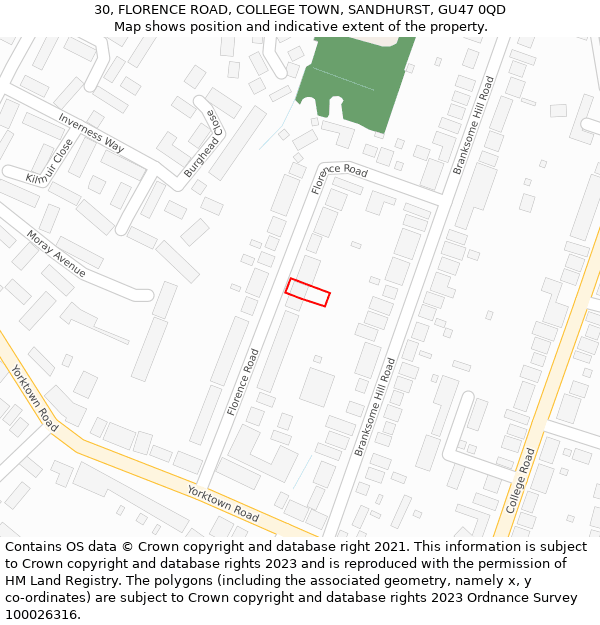 30, FLORENCE ROAD, COLLEGE TOWN, SANDHURST, GU47 0QD: Location map and indicative extent of plot