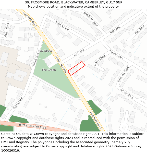 30, FROGMORE ROAD, BLACKWATER, CAMBERLEY, GU17 0NP: Location map and indicative extent of plot
