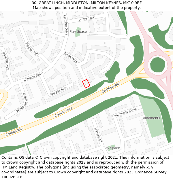 30, GREAT LINCH, MIDDLETON, MILTON KEYNES, MK10 9BF: Location map and indicative extent of plot