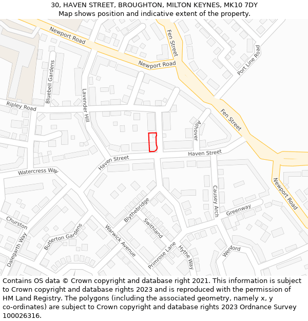 30, HAVEN STREET, BROUGHTON, MILTON KEYNES, MK10 7DY: Location map and indicative extent of plot