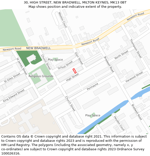 30, HIGH STREET, NEW BRADWELL, MILTON KEYNES, MK13 0BT: Location map and indicative extent of plot