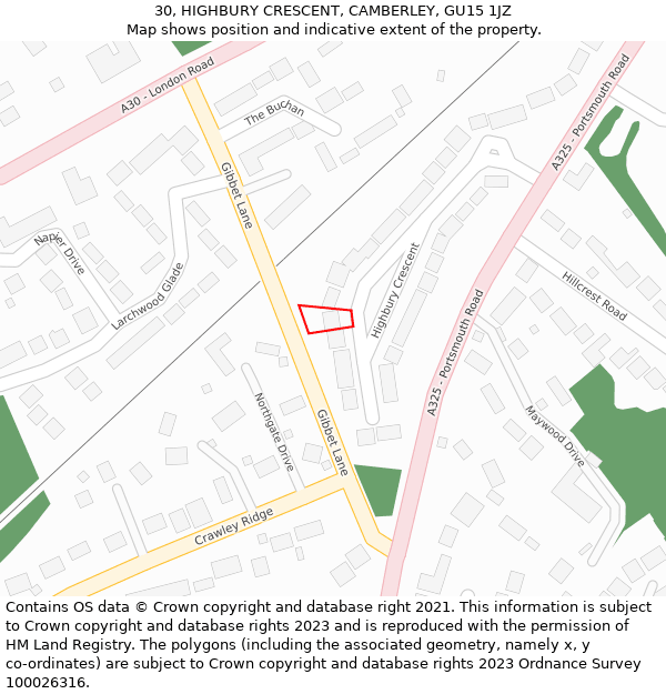 30, HIGHBURY CRESCENT, CAMBERLEY, GU15 1JZ: Location map and indicative extent of plot