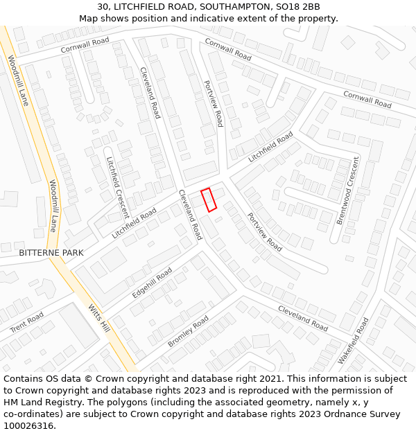 30, LITCHFIELD ROAD, SOUTHAMPTON, SO18 2BB: Location map and indicative extent of plot