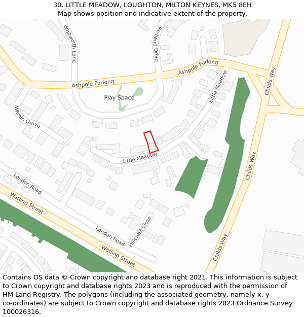 30, LITTLE MEADOW, LOUGHTON, MILTON KEYNES, MK5 8EH: Location map and indicative extent of plot