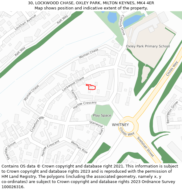 30, LOCKWOOD CHASE, OXLEY PARK, MILTON KEYNES, MK4 4ER: Location map and indicative extent of plot