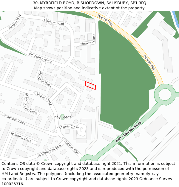 30, MYRRFIELD ROAD, BISHOPDOWN, SALISBURY, SP1 3FQ: Location map and indicative extent of plot