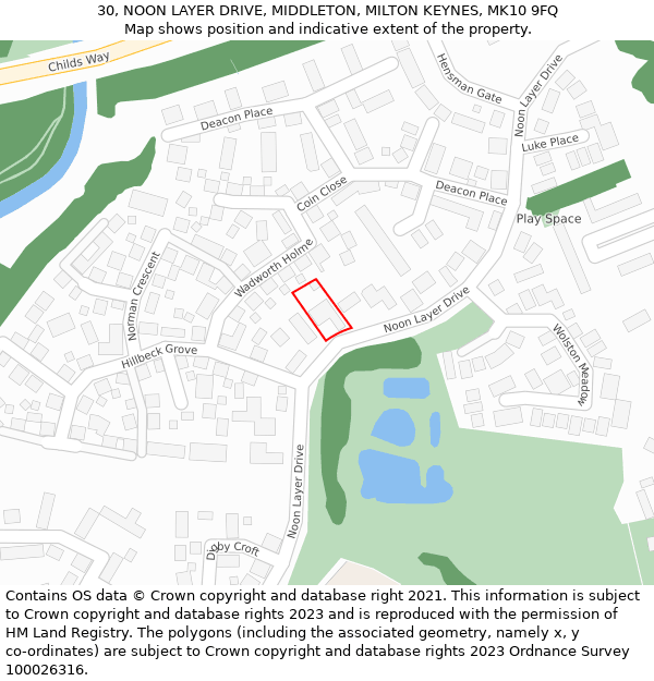 30, NOON LAYER DRIVE, MIDDLETON, MILTON KEYNES, MK10 9FQ: Location map and indicative extent of plot