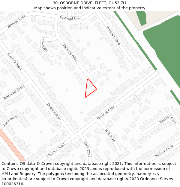 30, OSBORNE DRIVE, FLEET, GU52 7LL: Location map and indicative extent of plot