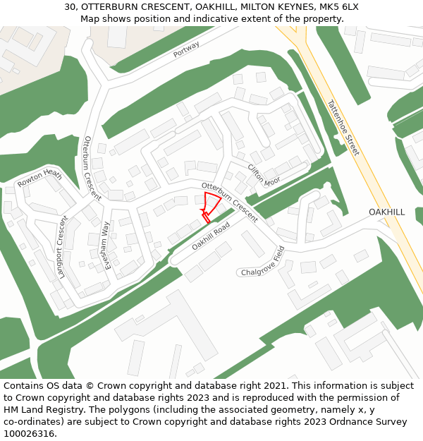 30, OTTERBURN CRESCENT, OAKHILL, MILTON KEYNES, MK5 6LX: Location map and indicative extent of plot