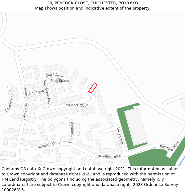 30, PEACOCK CLOSE, CHICHESTER, PO19 6YD: Location map and indicative extent of plot