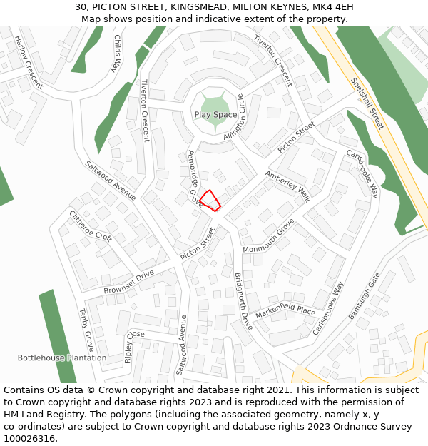 30, PICTON STREET, KINGSMEAD, MILTON KEYNES, MK4 4EH: Location map and indicative extent of plot
